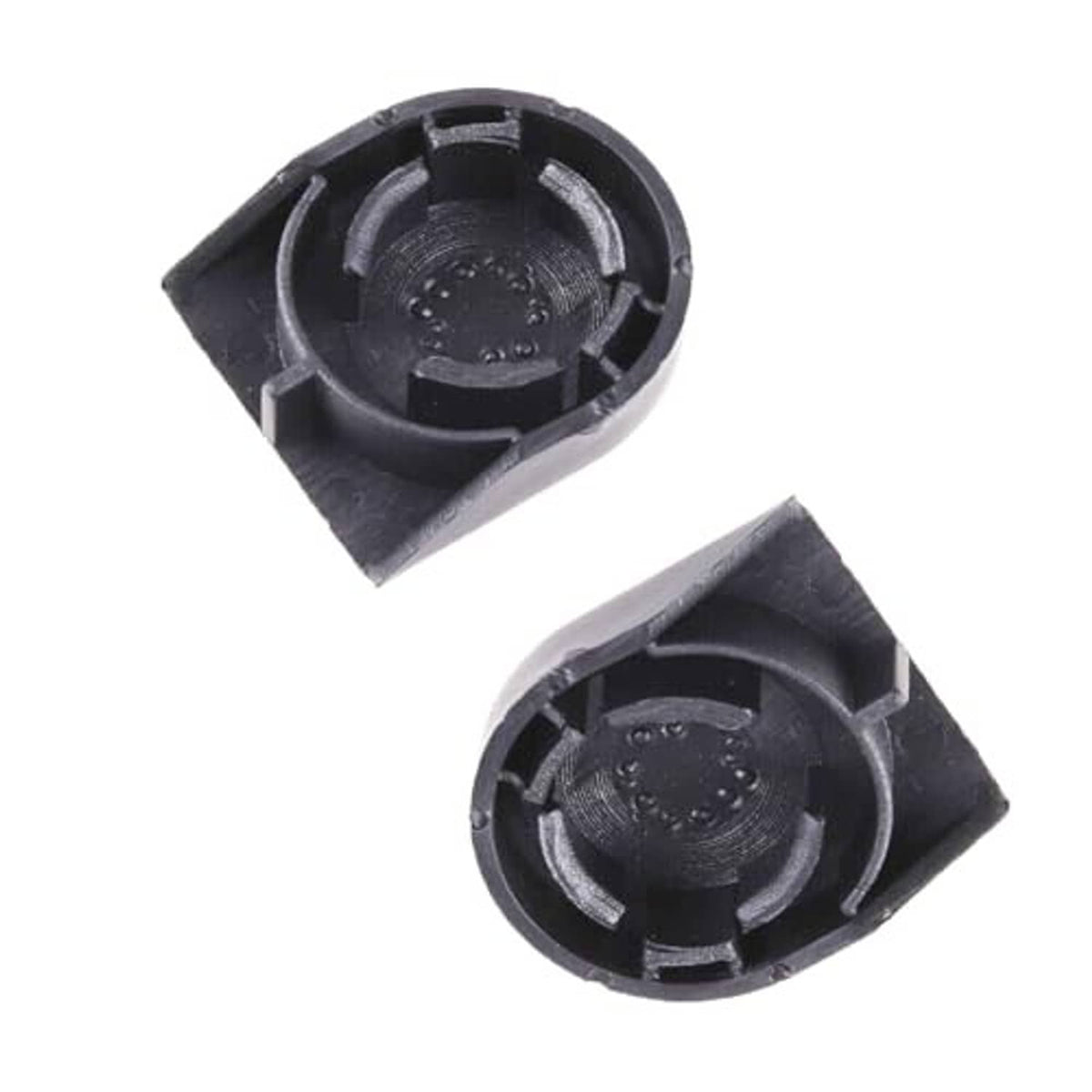 Black wiper arm nut cover bolt caps, one open underside and one exterior shell