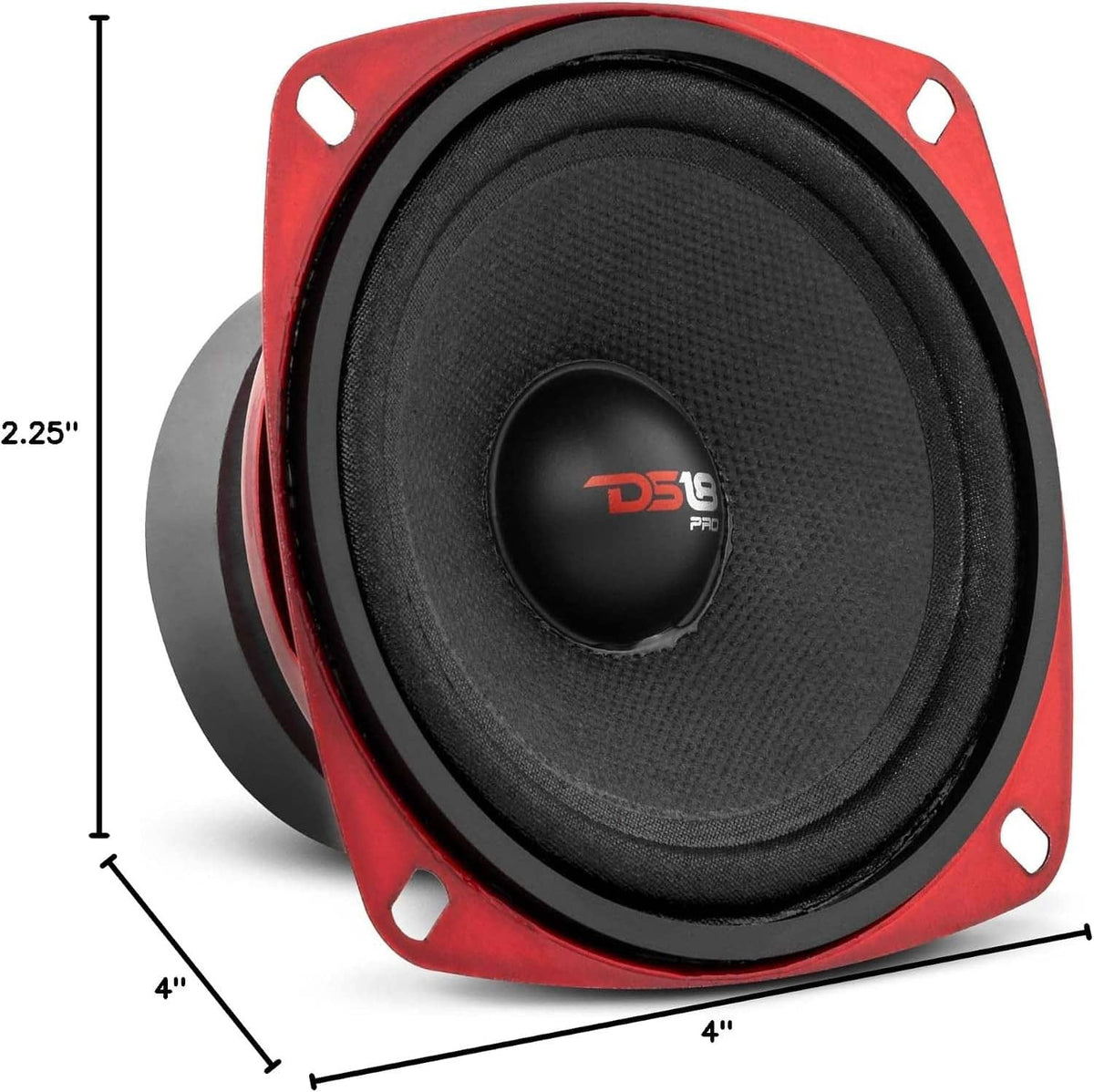 4-inch midrange loudspeaker with red basket and black cone, with size dimensions