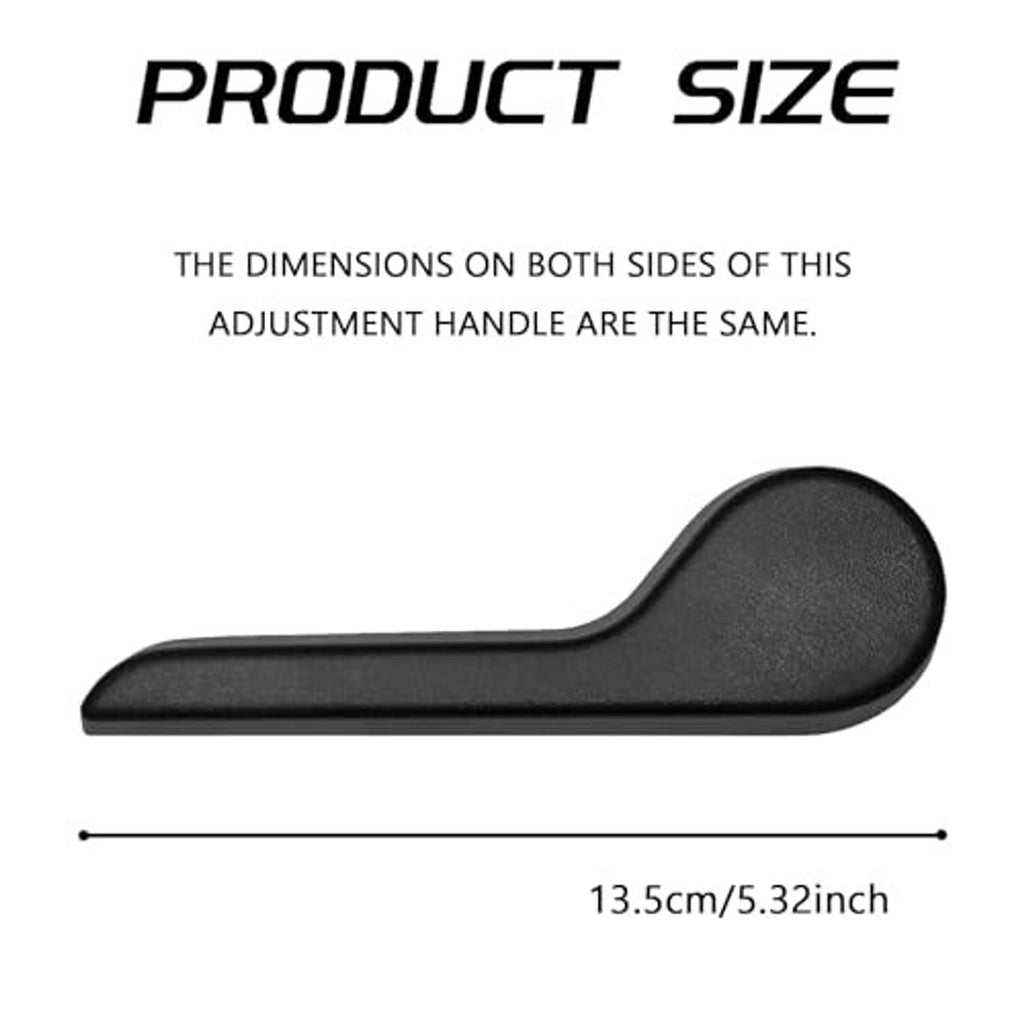 Black seat recliner handle lever with textured grip, shown with length guide