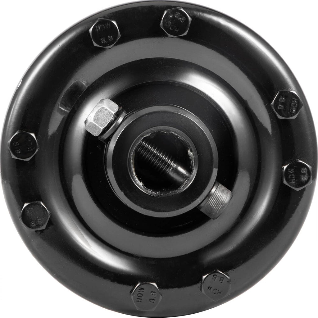 Black PTO slip clutch view with inner splined shaft end and outer bolt heads
