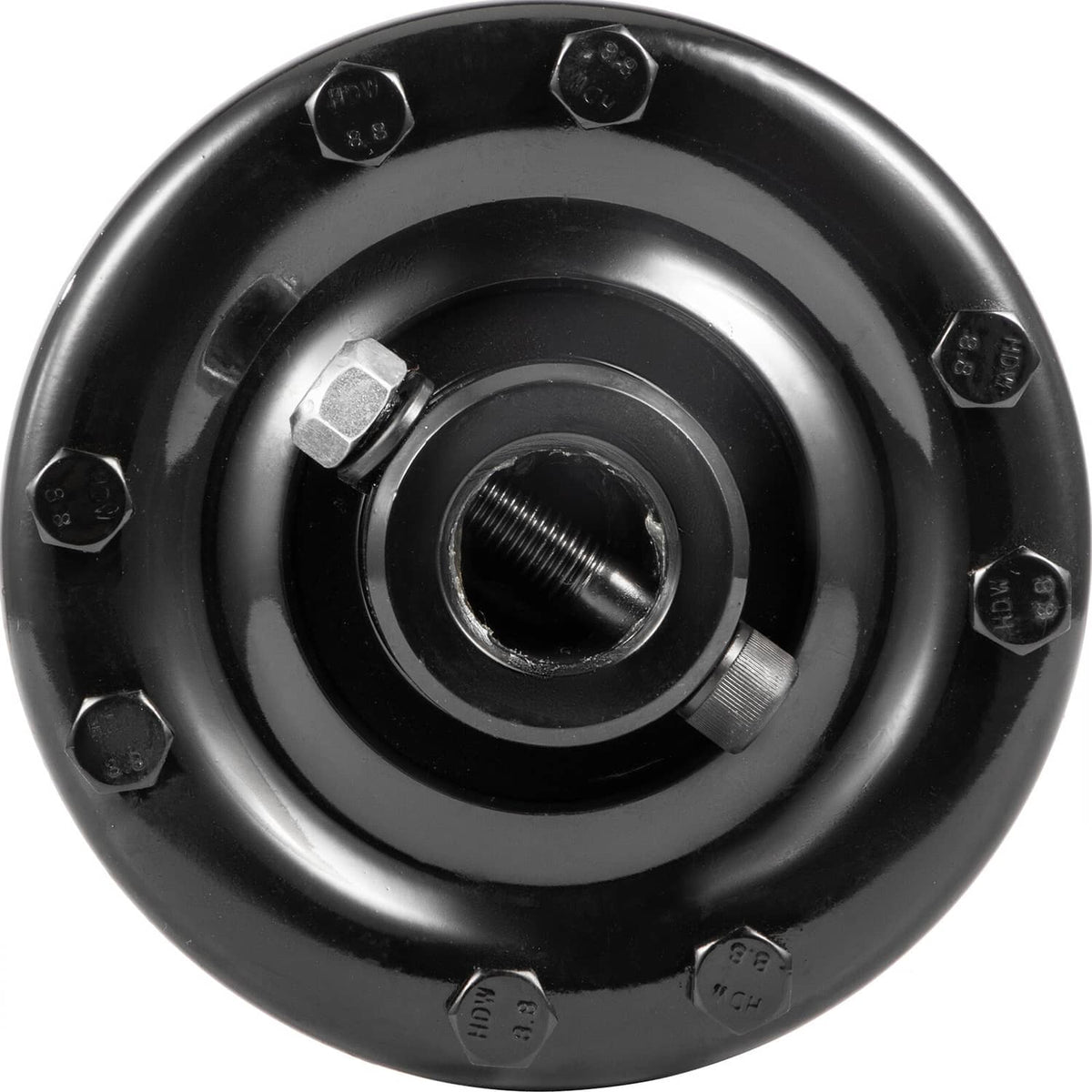 Black PTO slip clutch view with inner splined shaft end and outer bolt heads