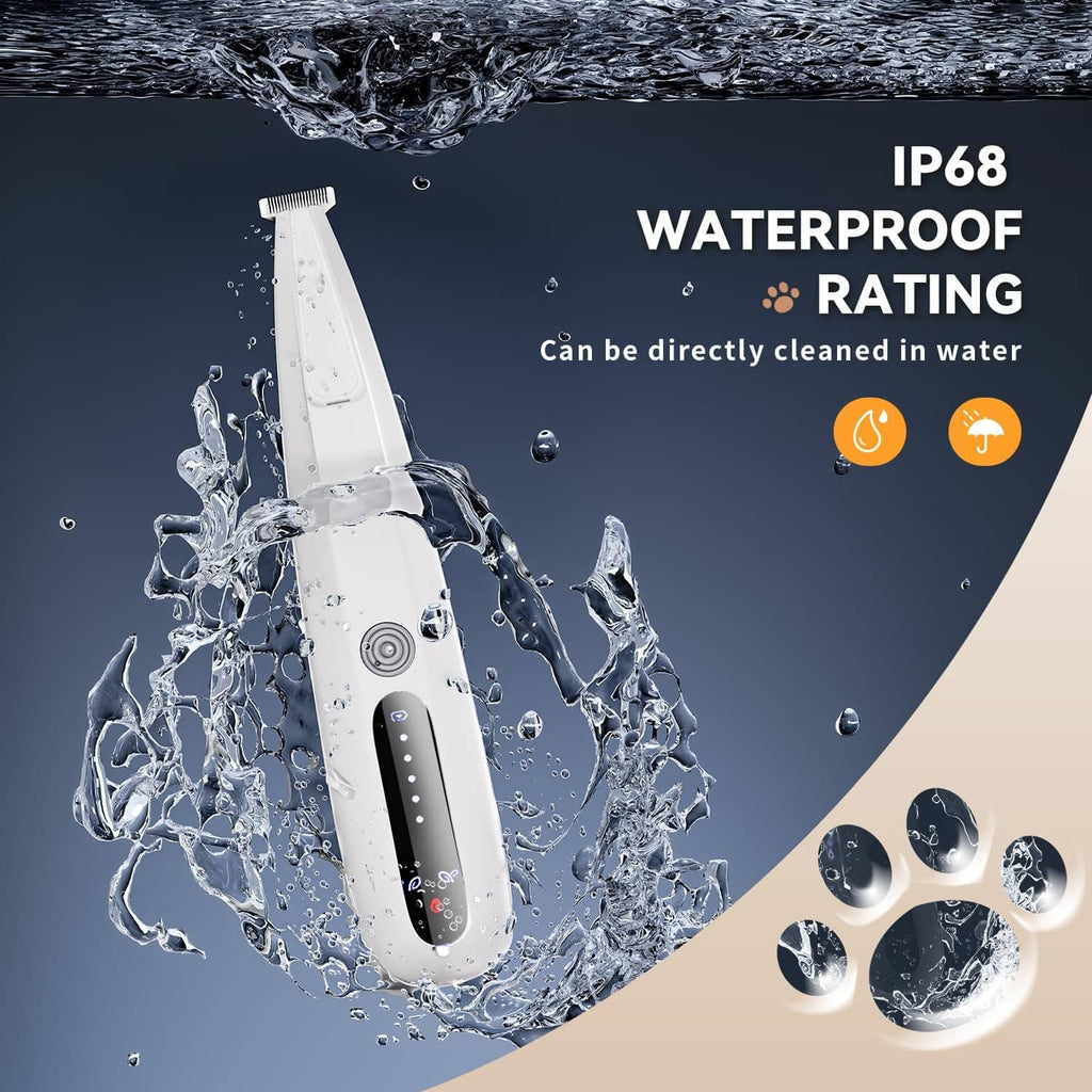 White waterproof pet hair trimmer with blade head, surrounded by splash water