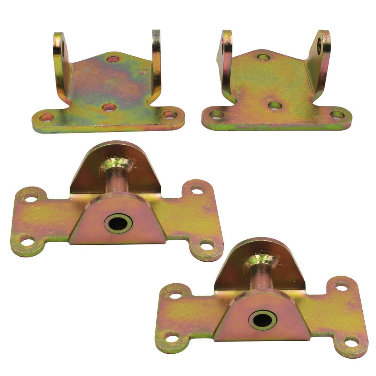 Steel engine motor mount bases with center bushing holes, shown upright and frontal