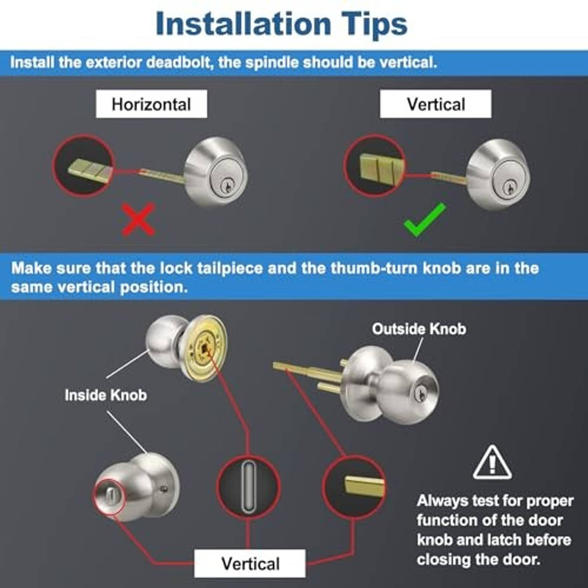 Installation tips diagram showing inside and outside thumb-turn lockset alignment