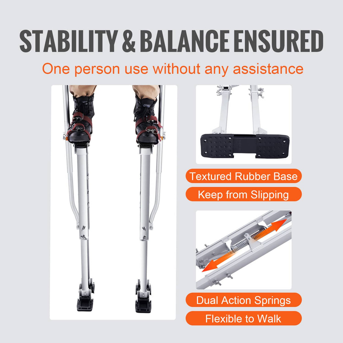 Drywall stilts with textured rubber bases and dual action spring legs for stability