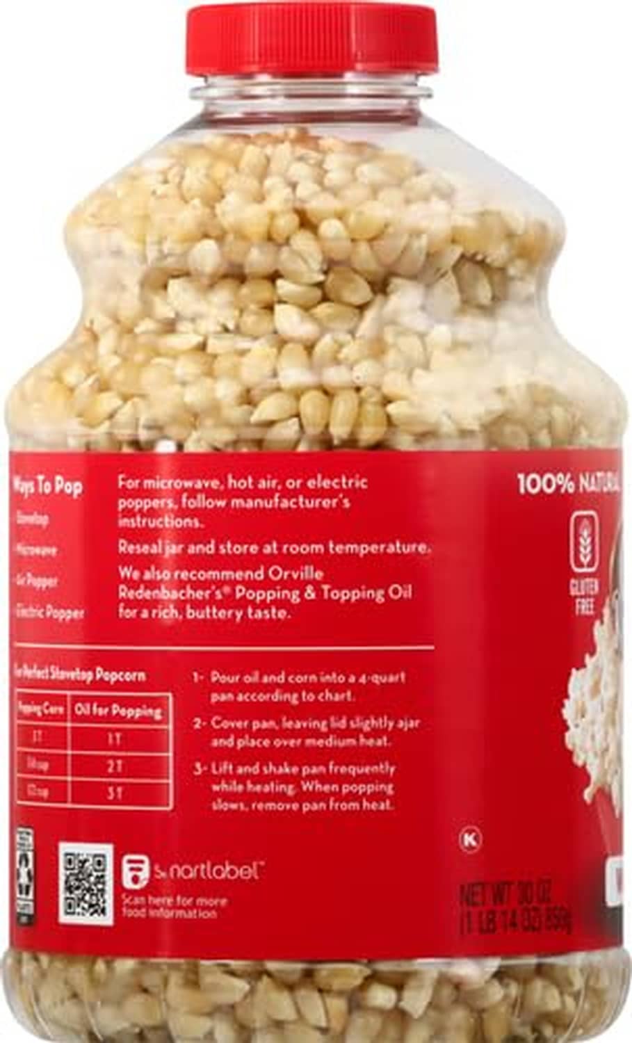 Jar back panel with serving and popping instructions for popcorn kernels