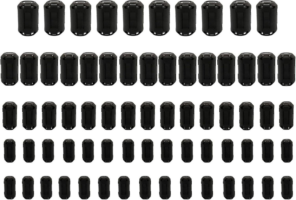 Black clip-on ferrite ring cores set shown in multiple rows and columns