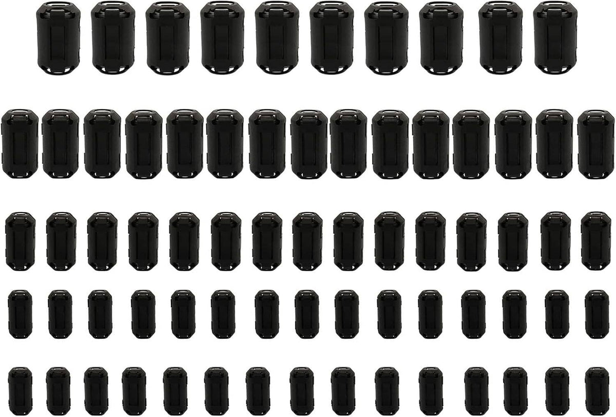 Black clip-on ferrite ring cores set shown in multiple rows and columns