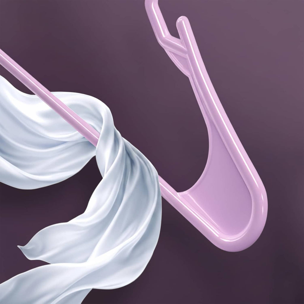 Pink plastic hanger with smooth curve and long hook