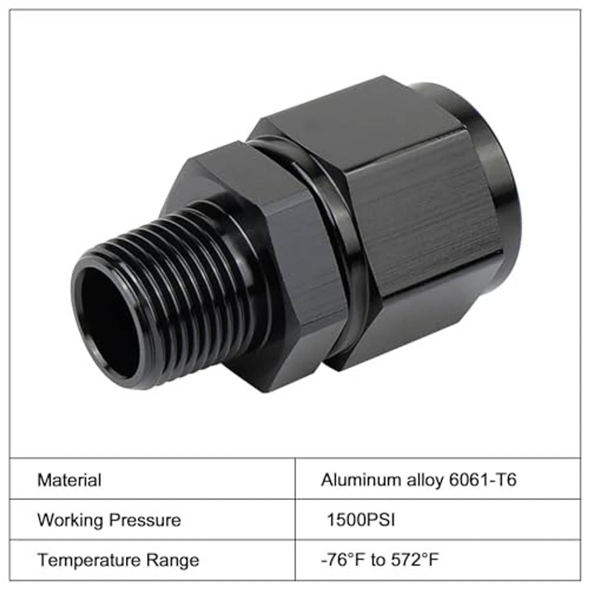 Aluminum 10AN to 3/8 NPT male swivel fitting, black finish, straight side view