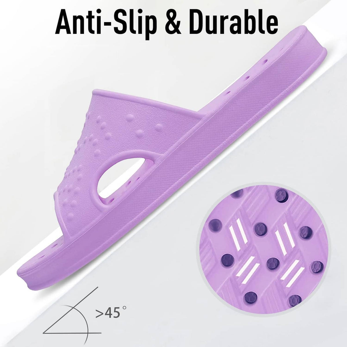 Purple anti-slip shower slides with patterned outsole tread.