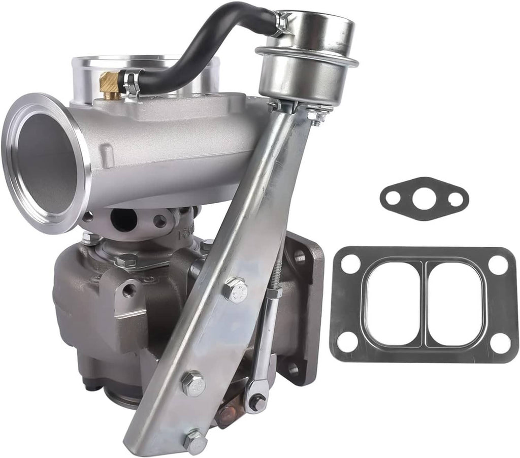 Silver turbocharger assembly with inlet and exhaust housings plus mounting gaskets