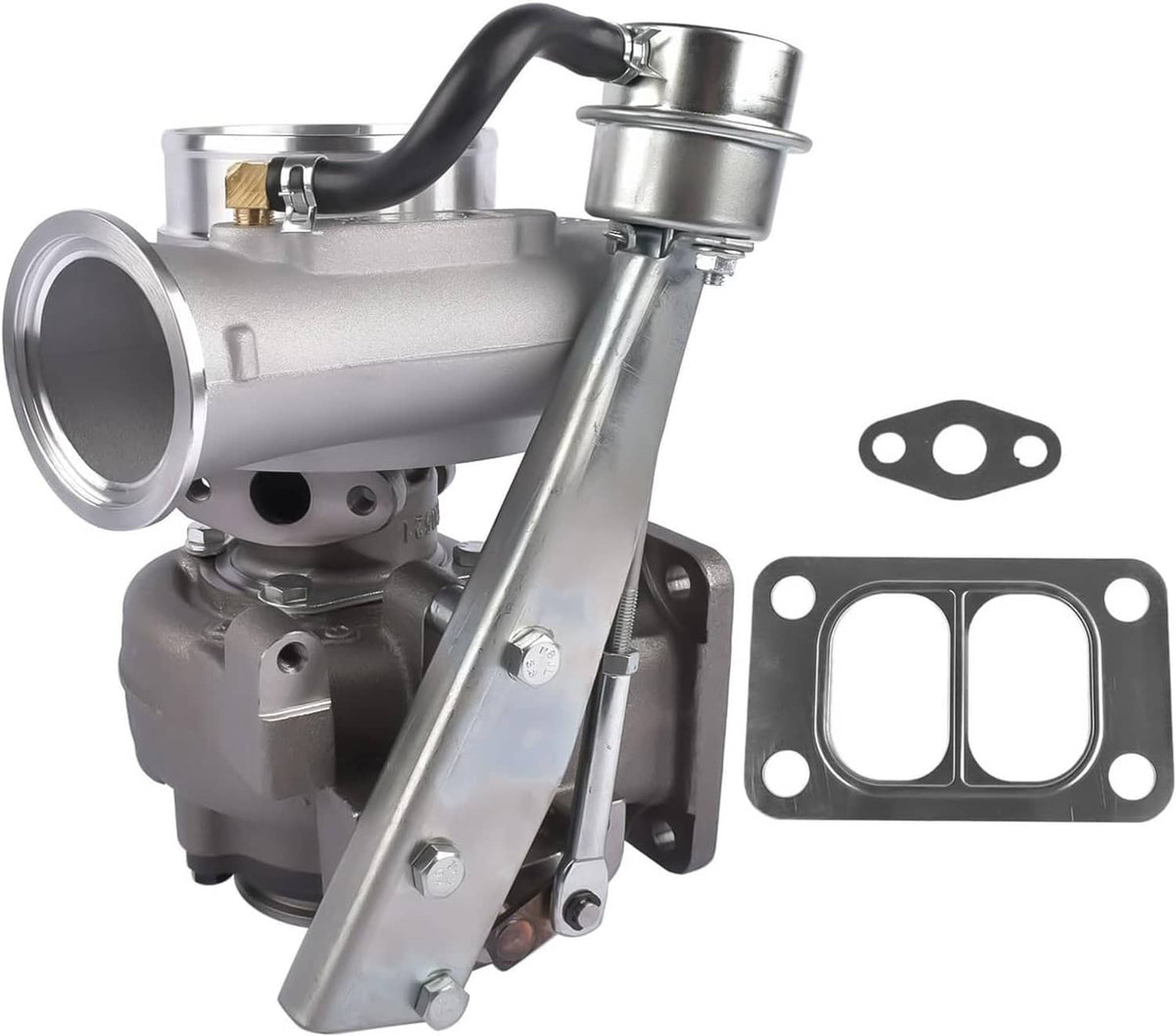 Silver turbocharger assembly with inlet and exhaust housings plus mounting gaskets