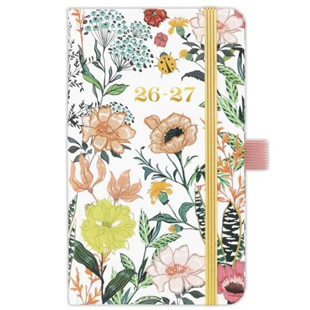 Floral pocket planner with gold vertical elastic band and decorative bookmarks