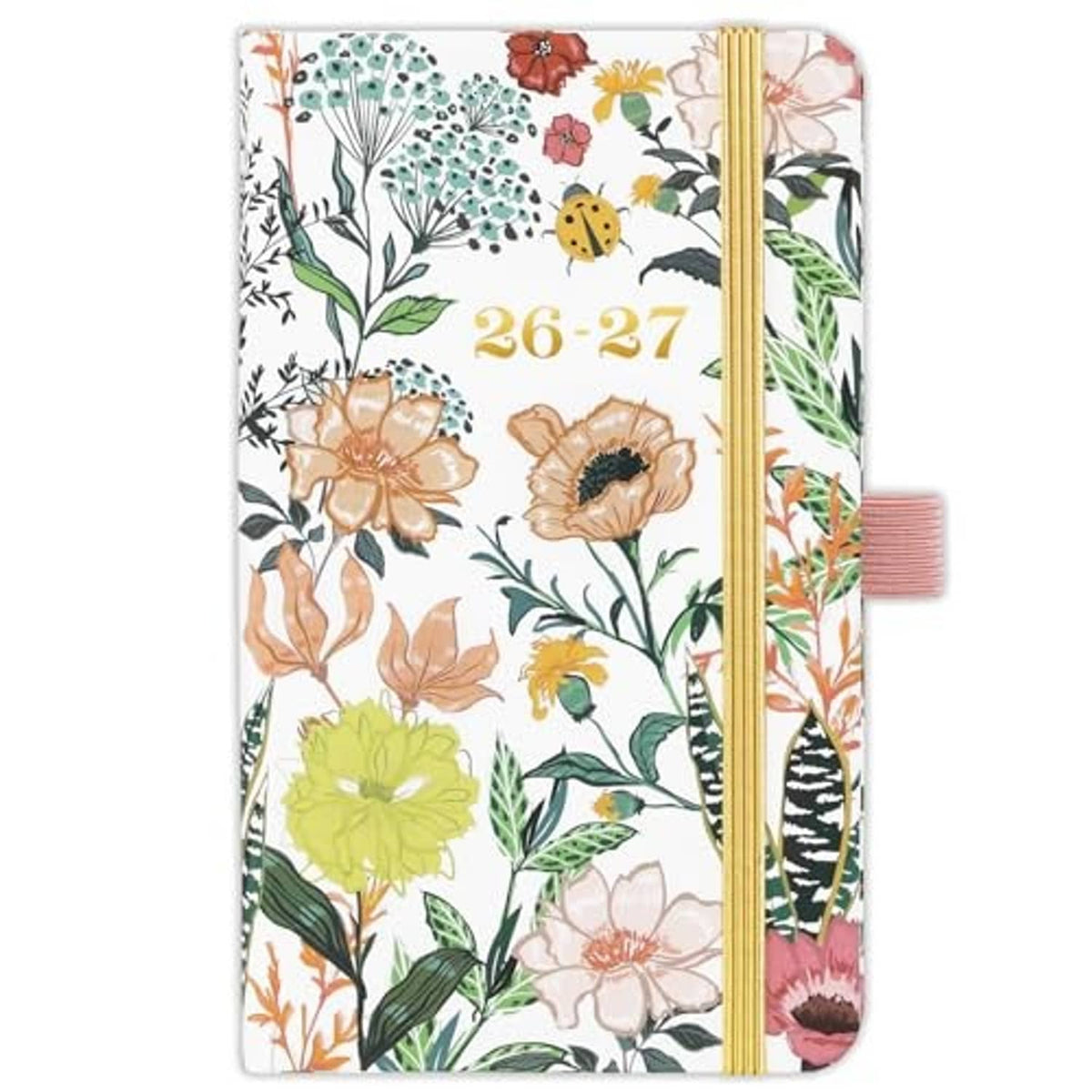 Floral pocket planner with gold vertical elastic band and decorative bookmarks