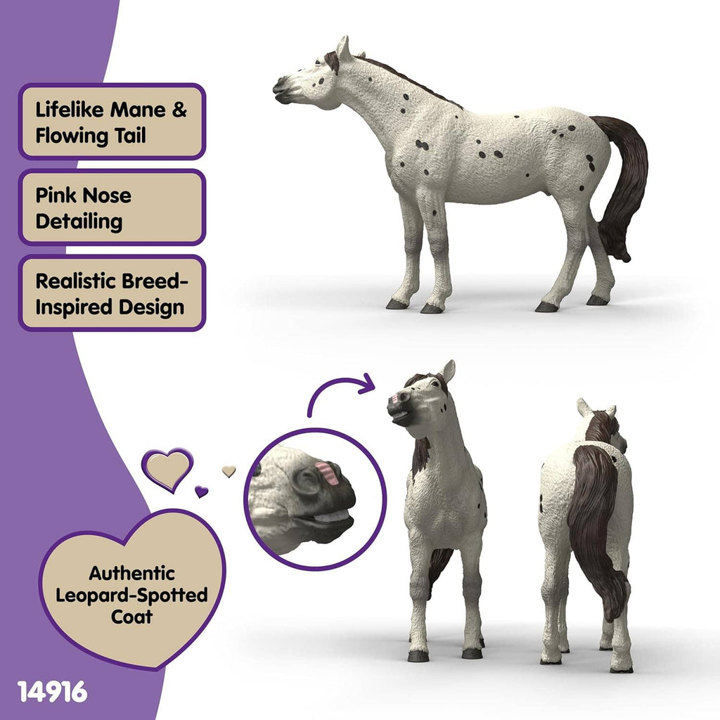 Leopard-spotted horse toy figure with black mane and tail shown from multiple angles.