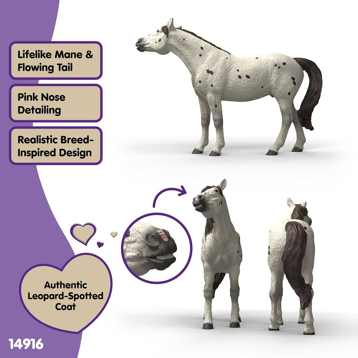 Leopard-spotted horse toy figure with black mane and tail shown from multiple angles.