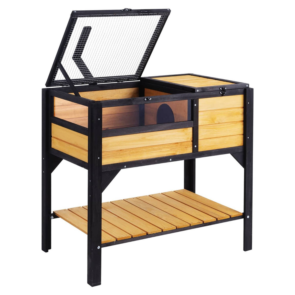 Wooden animal habitat enclosure with wire top and two wooden levels