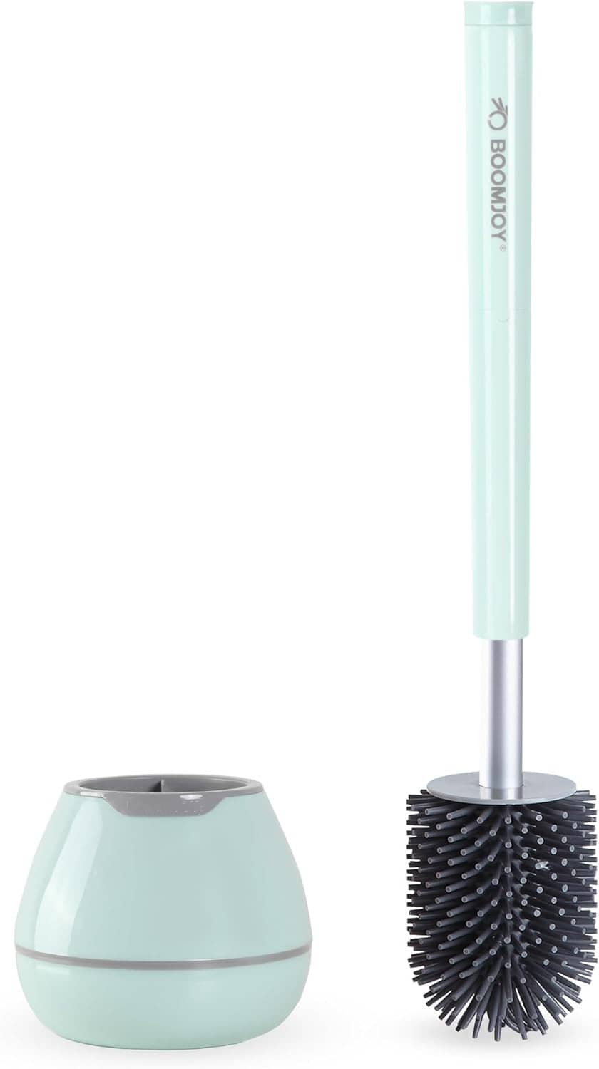Mint toilet brush and holder set with black bristle head and slender handle