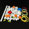 Plastic gear and pulley kit with assorted white gears, colored wheels, and belt loops