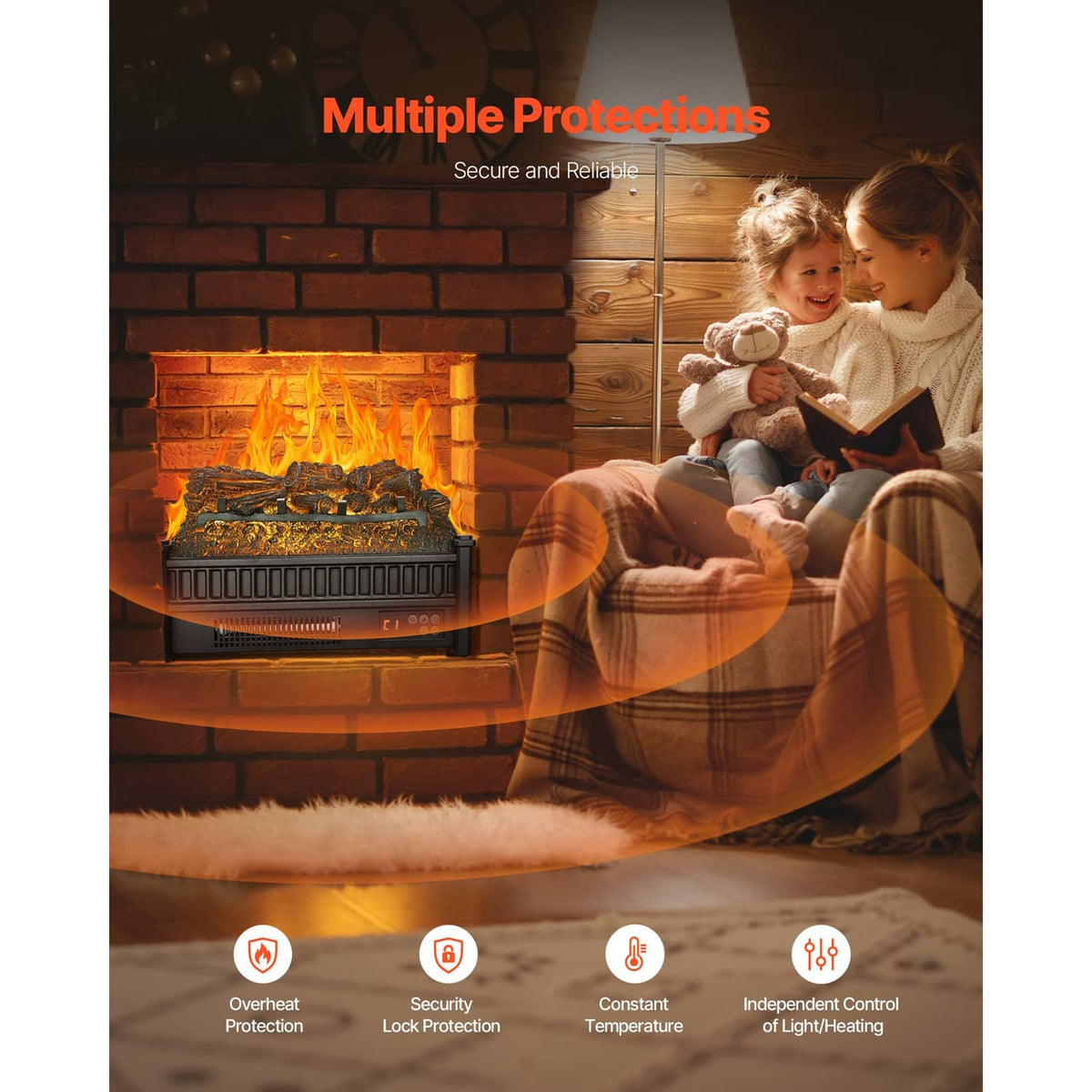 Electric log heater with faux wood logs and bright flame view in a fireplace opening