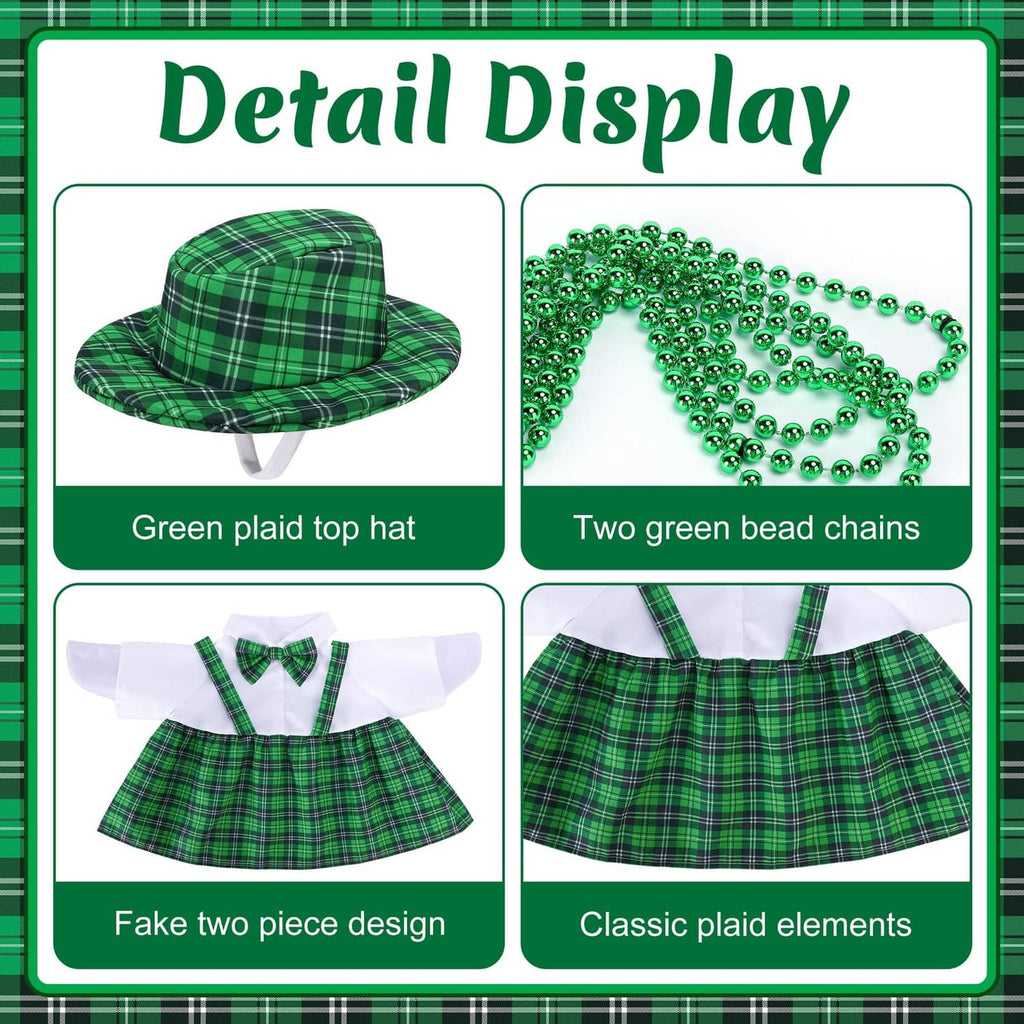 St. Patrick's Day goose costume set: plaid top hat, two green bead chains, plaid dress