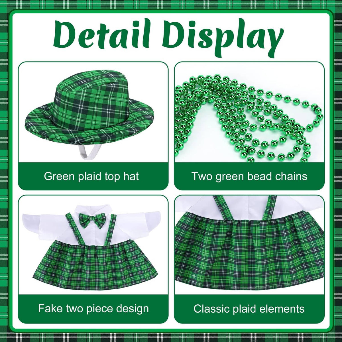 St. Patrick's Day goose costume set: plaid top hat, two green bead chains, plaid dress
