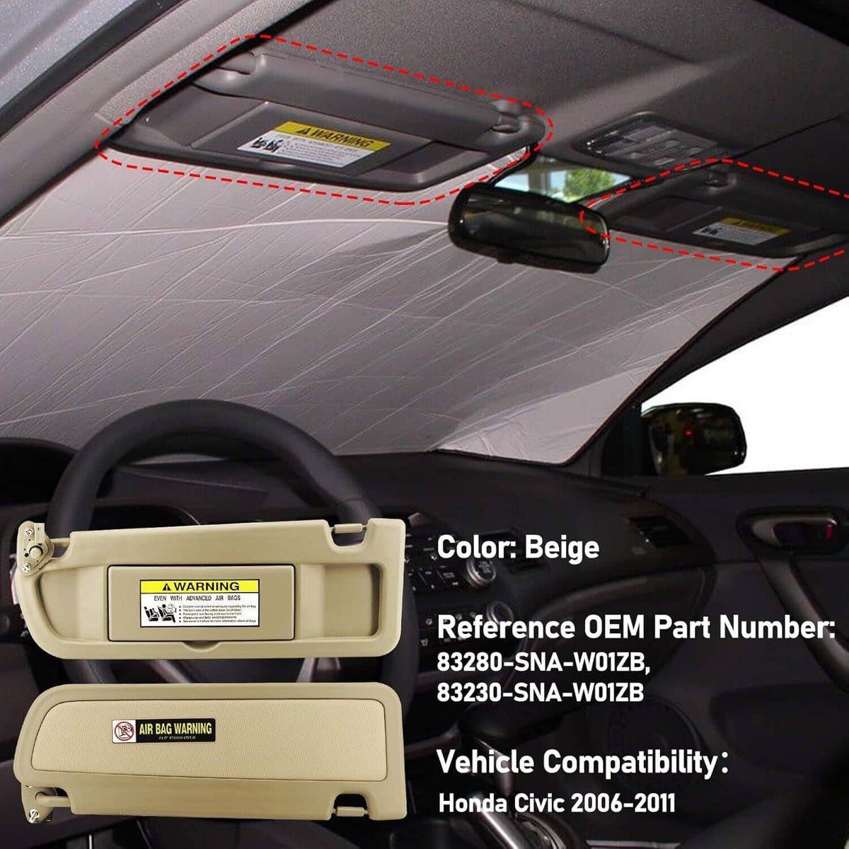 Beige sun visor installed on car headliner with hinge and reference text