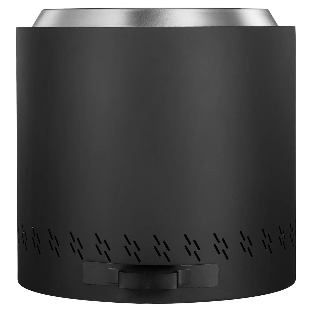 Black fire pit stove front view with vent holes and ash drawer opening
