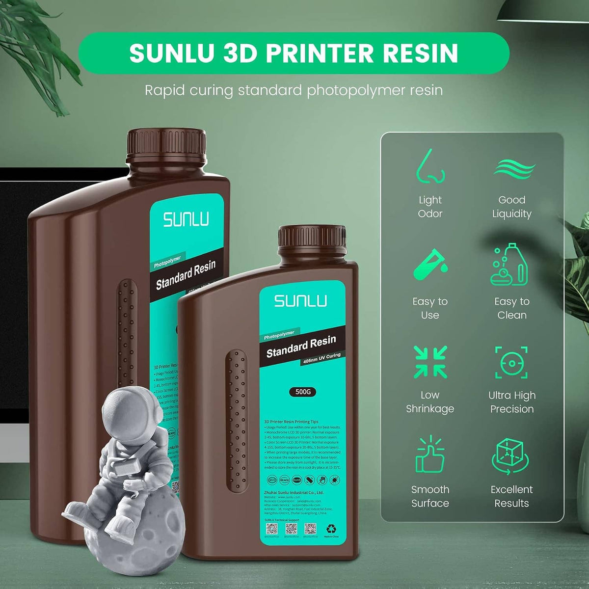 3D printer resin bottle set with SUNLU labels and small astronaut resin figure