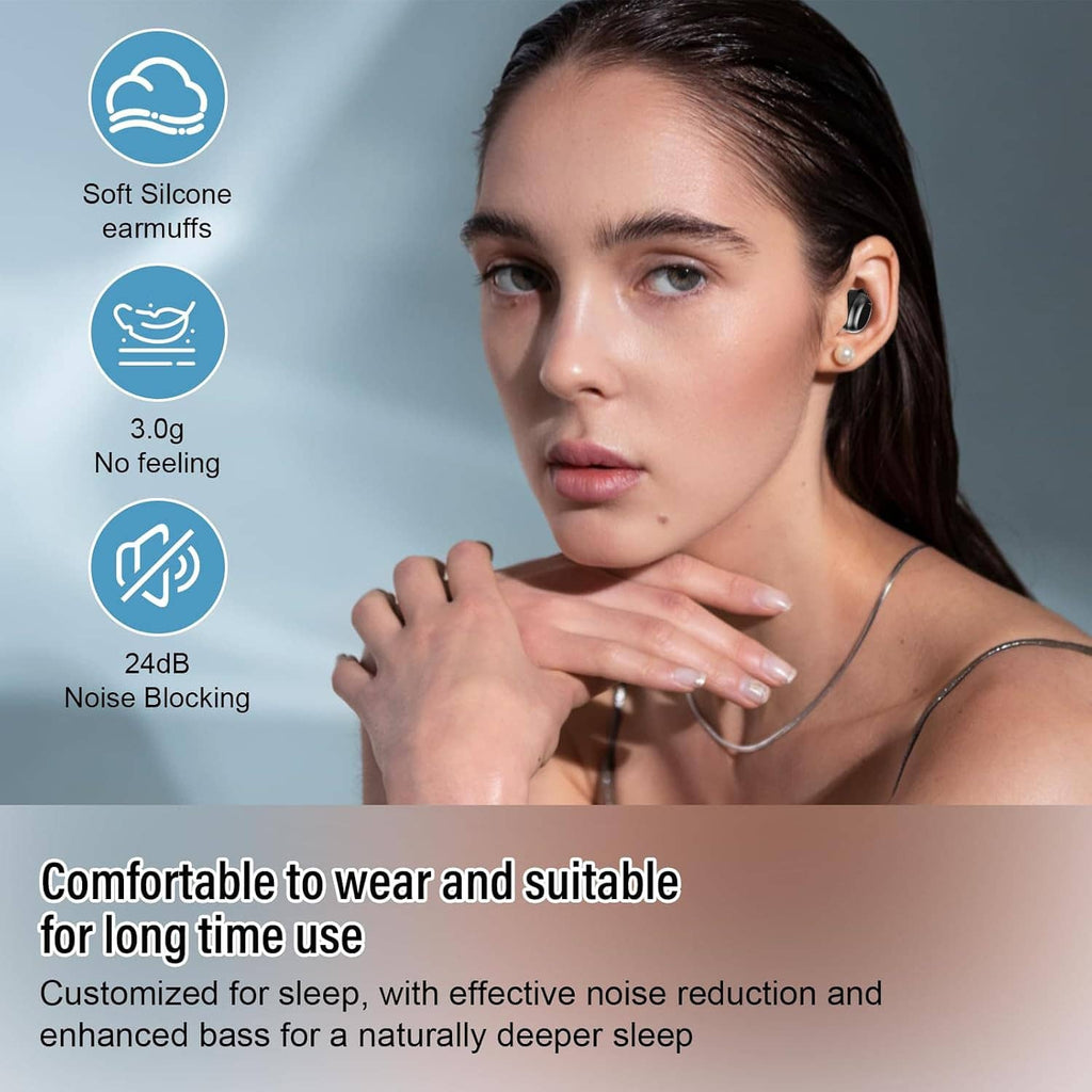 Wireless sleep earbuds with soft silicone eartips in a woman’s ears
