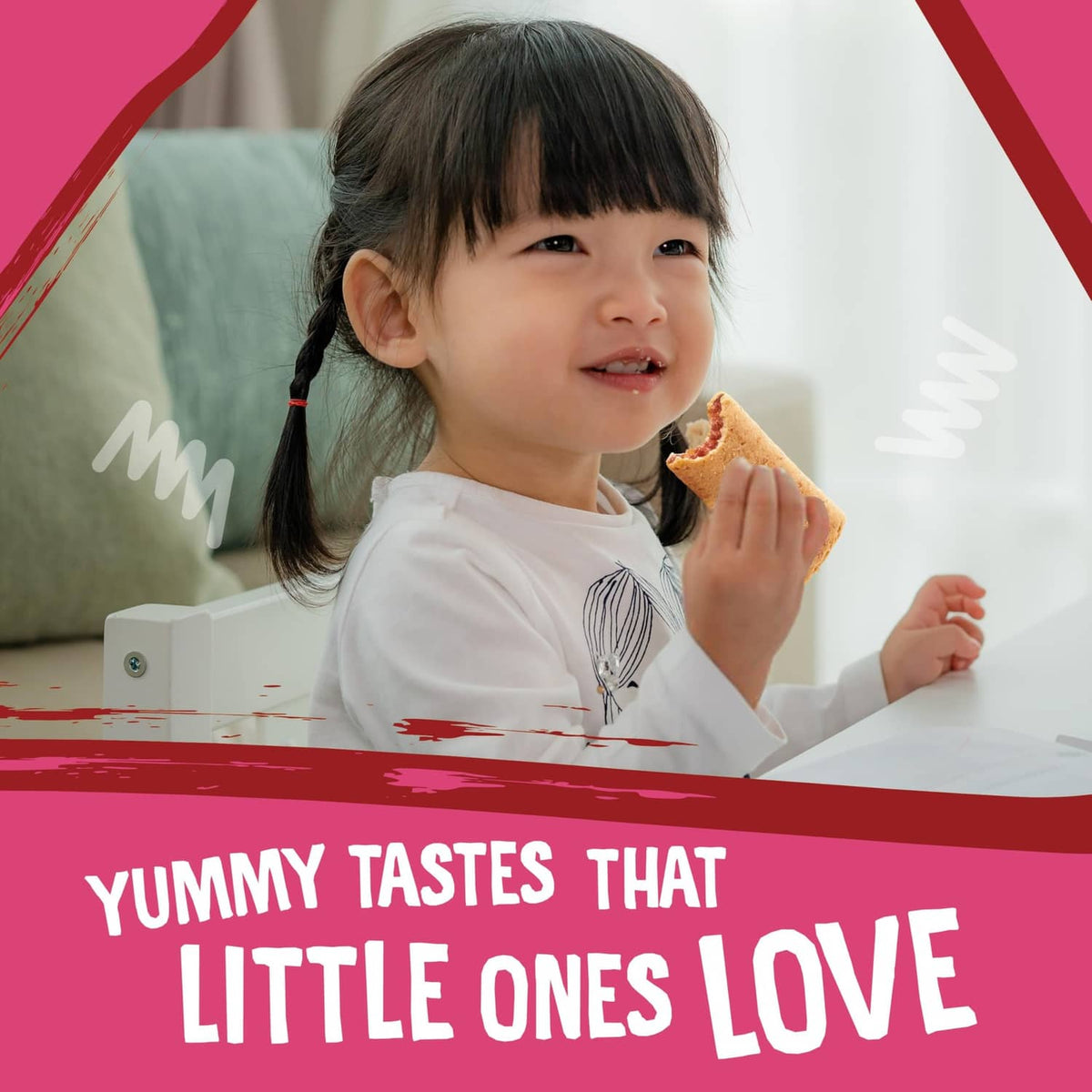 Strawberry snack bar for little ones, toddler holding a piece