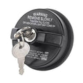Black locking fuel gas cap with key cylinder and two metal keys attached