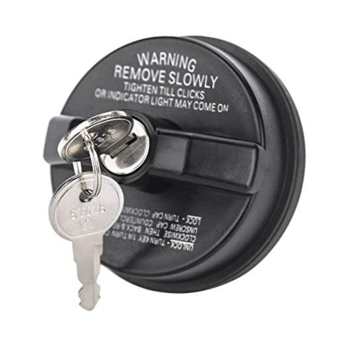 Black locking fuel gas cap with key cylinder and two metal keys attached