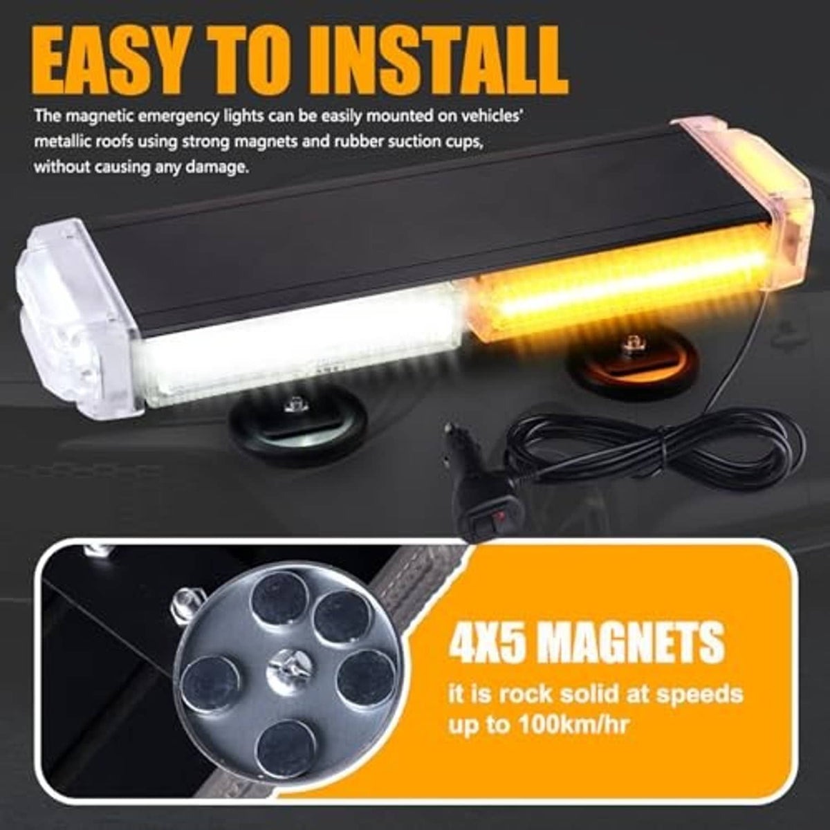 Magnetic amber and white LED strobe light bar with power cable and black suction bases