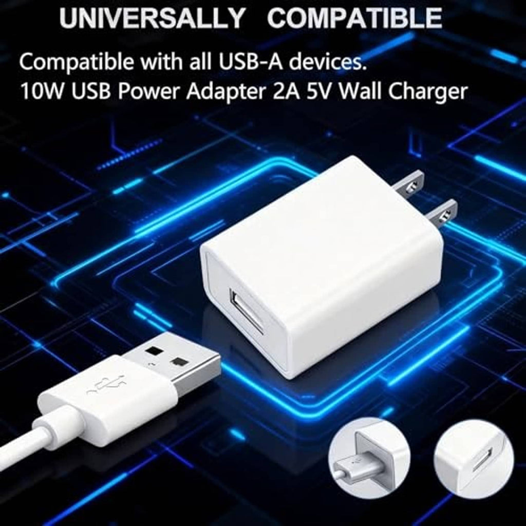 White USB wall charger with two-prong plug and USB-A to USB-C cable