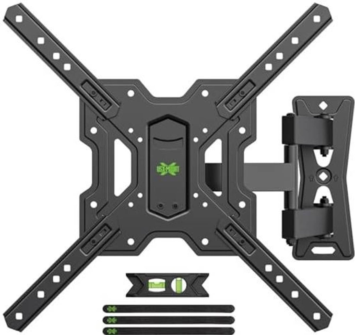 Black full-motion TV wall mount with swivel arms and wall plate, hardware included