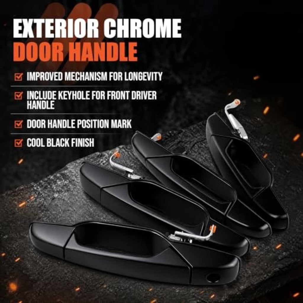 Black exterior chrome door handles with keyhole and orange-tipped mounting hardware.