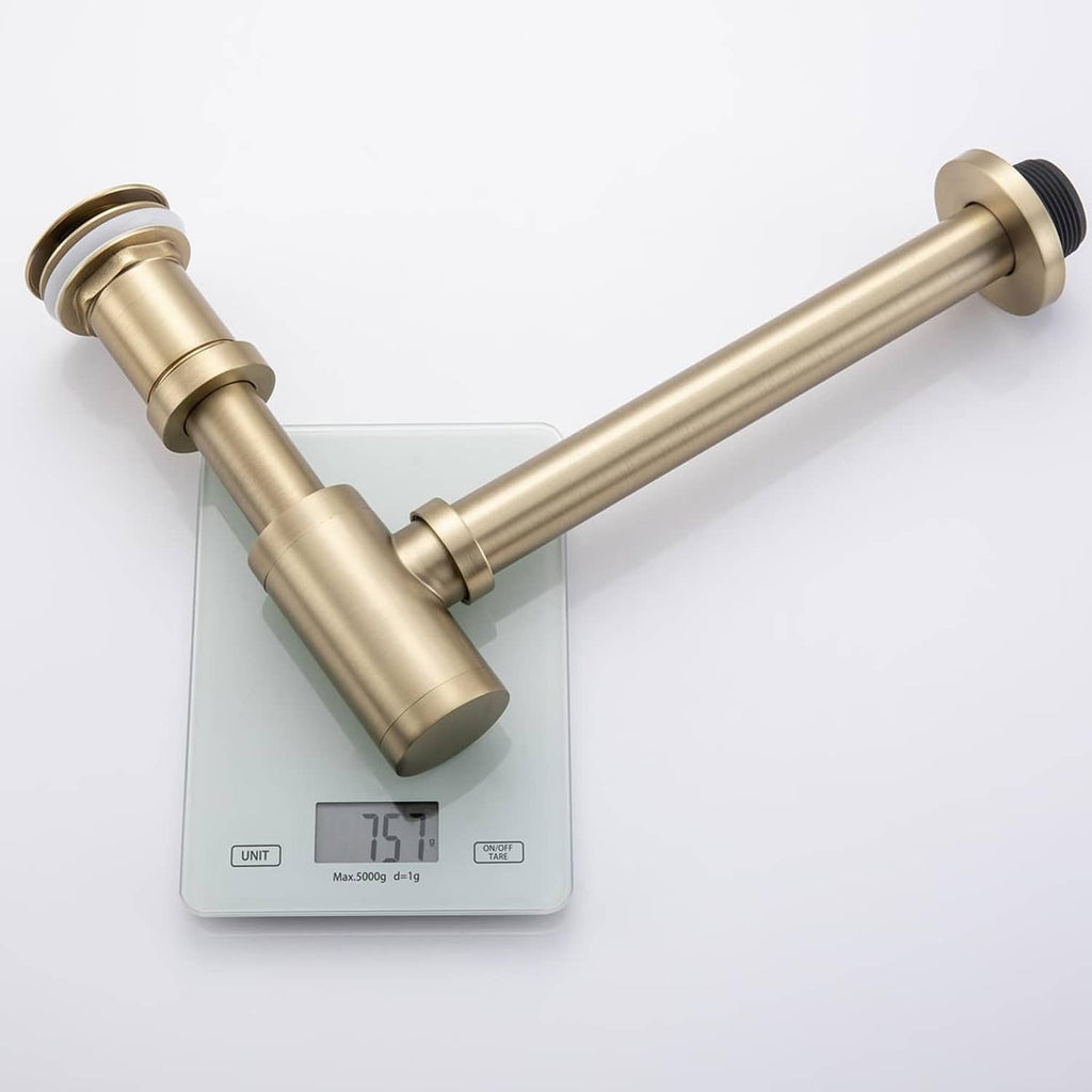 Brushed gold brass bathroom sink P-trap set with connecting pipe and mounting flange