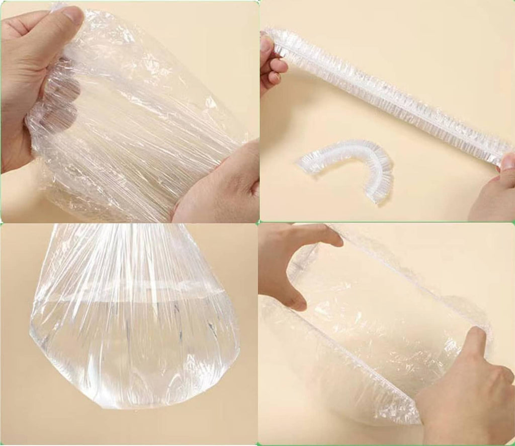 Clear plastic shower cap, showing flexible edges and elastic opening