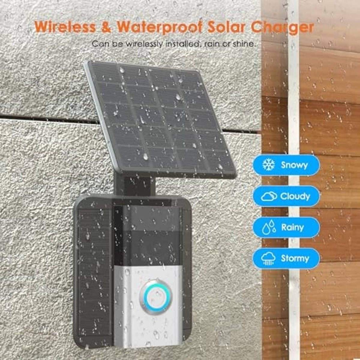 Weatherproof solar doorbell charger with black solar panel and blue ring button