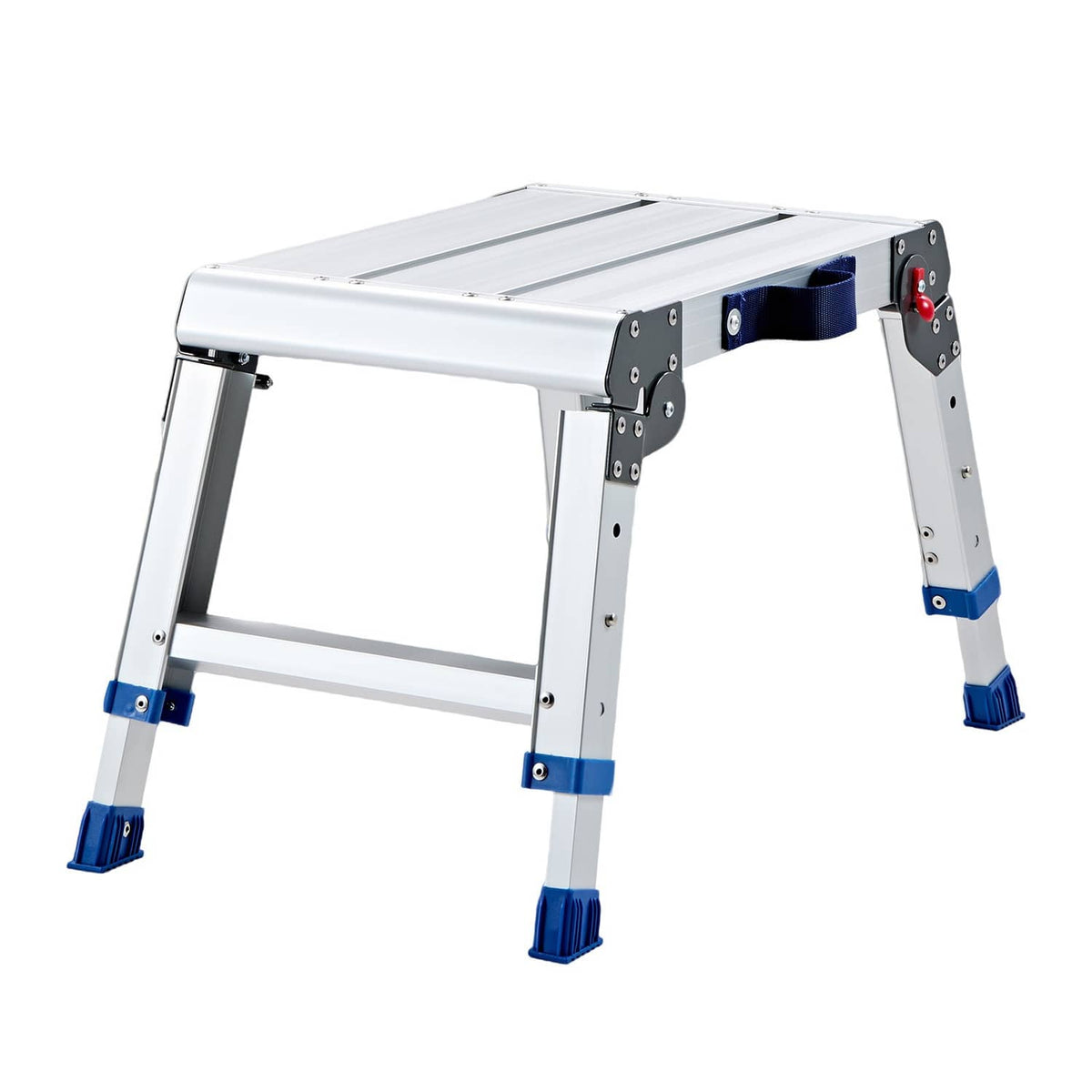 White folding work platform with blue locking feet and ribbed top surface