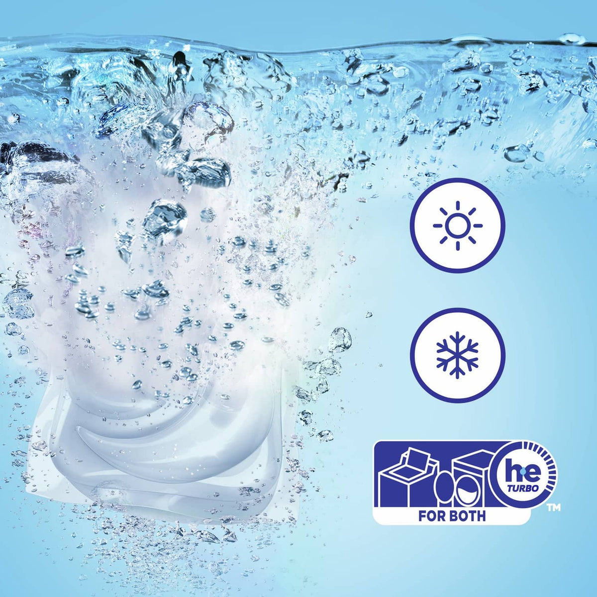Laundry detergent pods dissolving in water, with sun and snow care icons