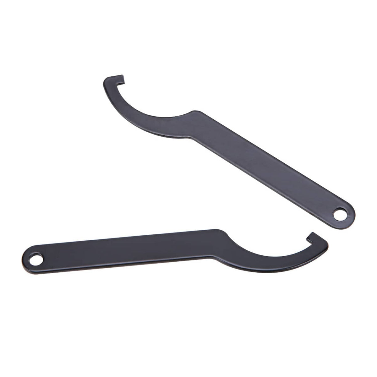 Two dark gray C-spanner hook wrenches with round holes and curved hook jaws
