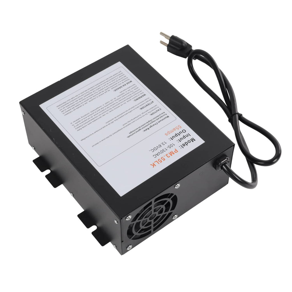 Black RV power converter side view with printed specs and plug-in power cable