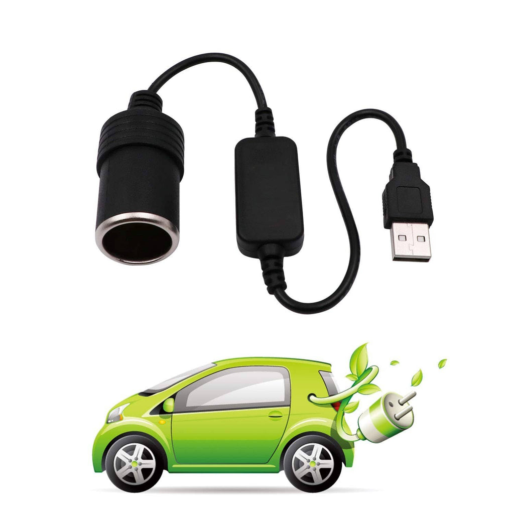 Black USB-A to 12V car lighter converter cable with cigarette socket end and USB-A port