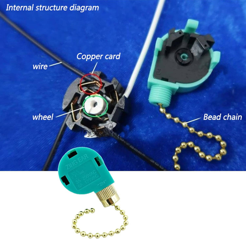 Ceiling fan pull chain switch internal structure with copper card wire and bead chain