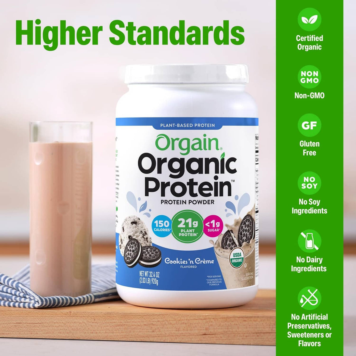 Organic protein powder tub with glass shake and certified organic, non-GMO badges