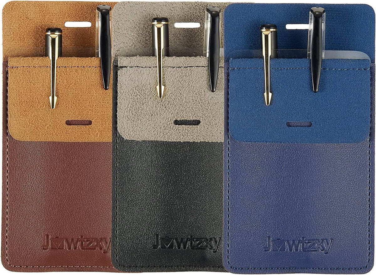 Leather pocket pen pouches, three colors; visible pen clips and top slots