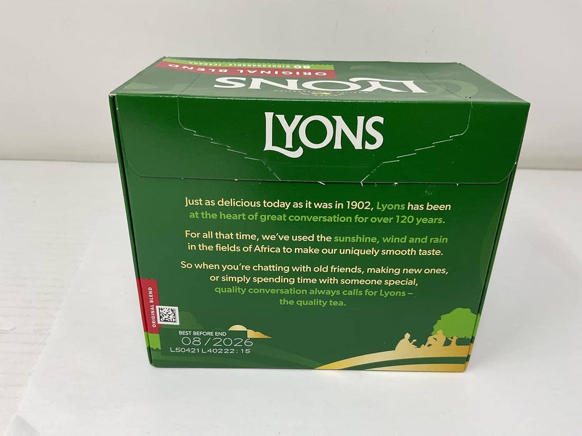 Lyons Original Blend tea bag box back with story text and barcode